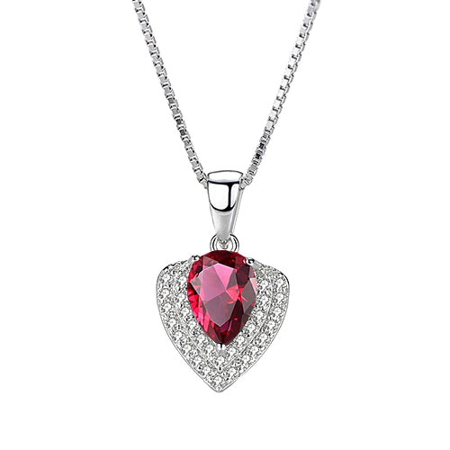 Women's Classic Rhodium Plated Pear Heart Ruby Gemstone Necklace