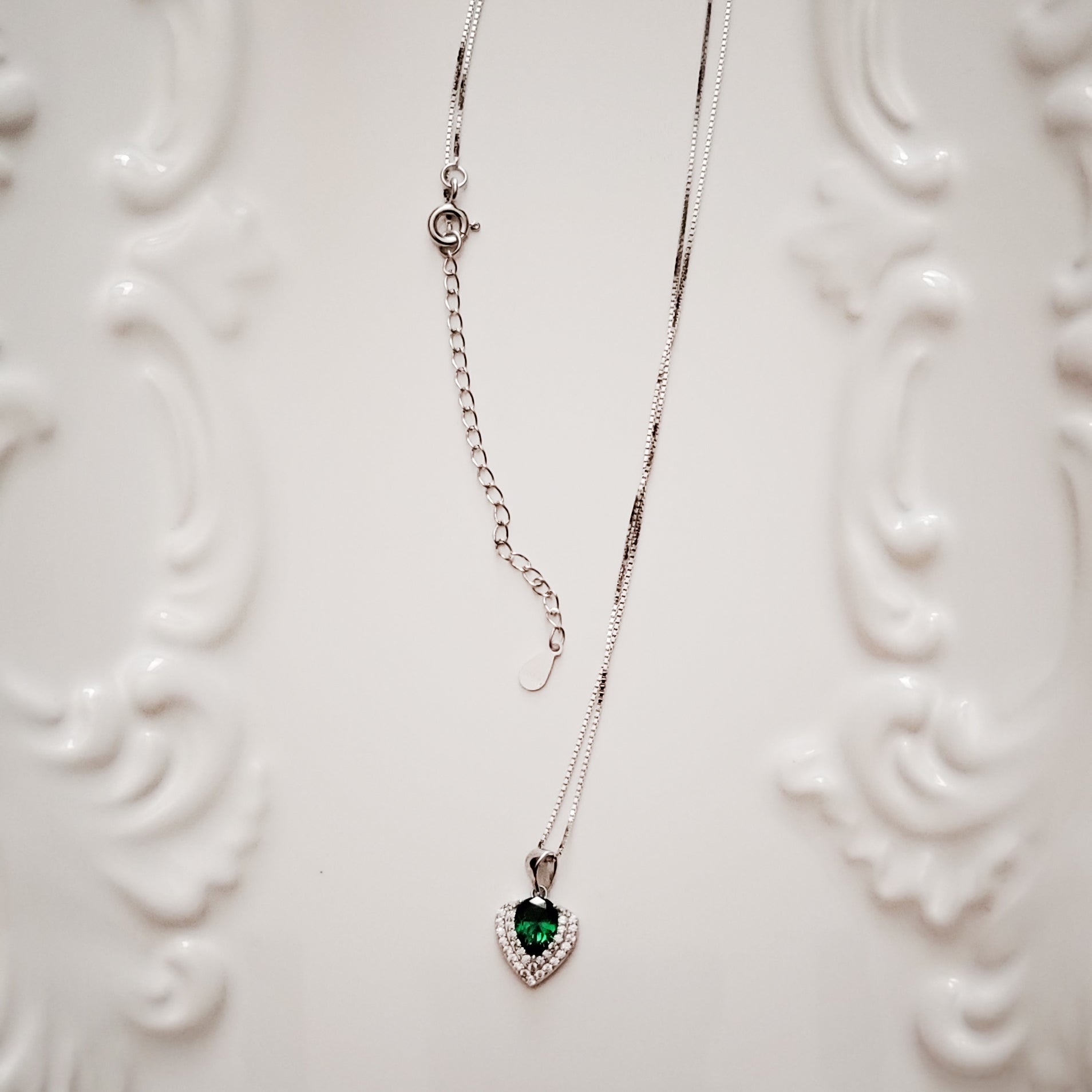 Women's Classic Rhodium Plated Pear Heart Emerald Gemstone Necklace