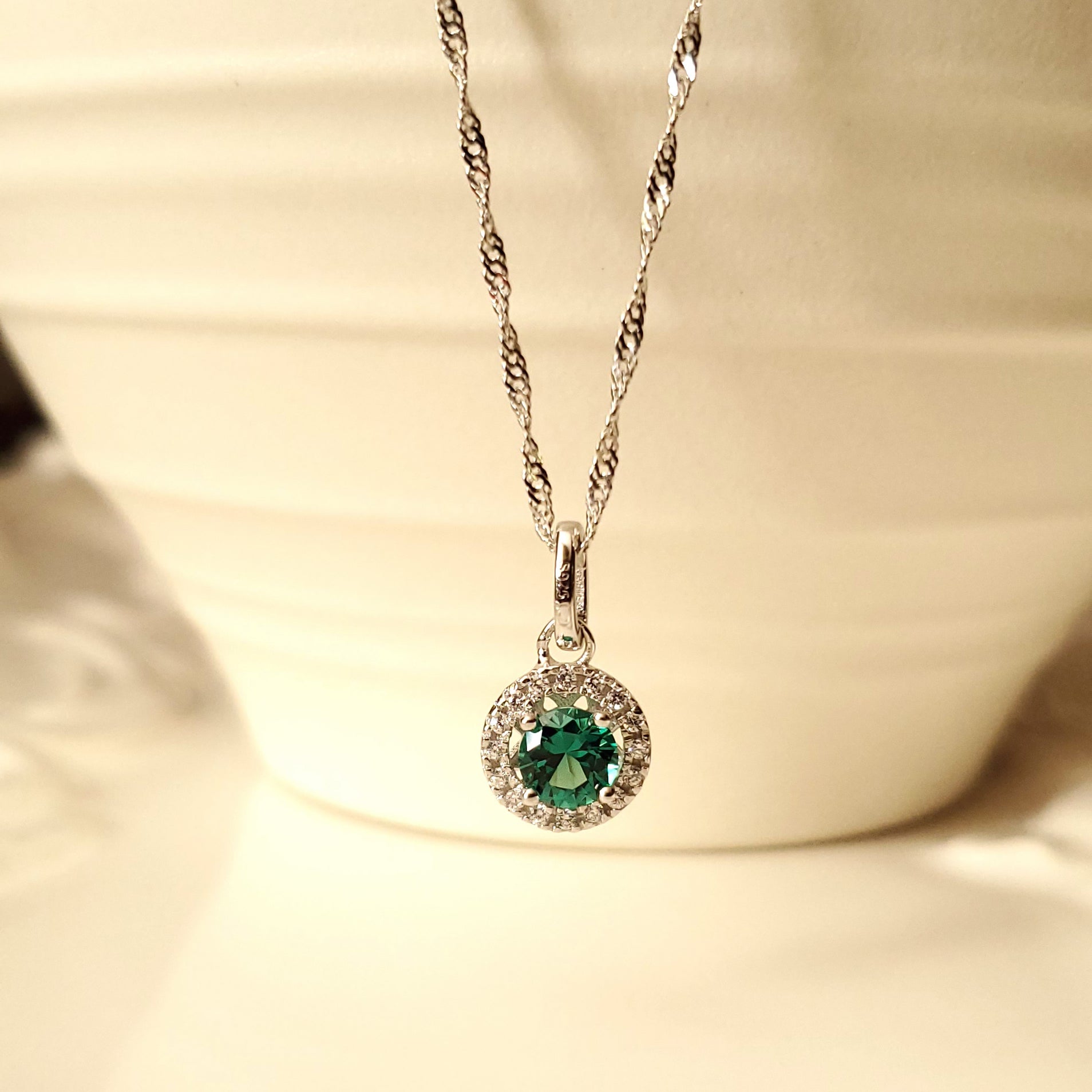 Women's Classic Rhodium Plated Round Emerald Gemstone Unique Necklace