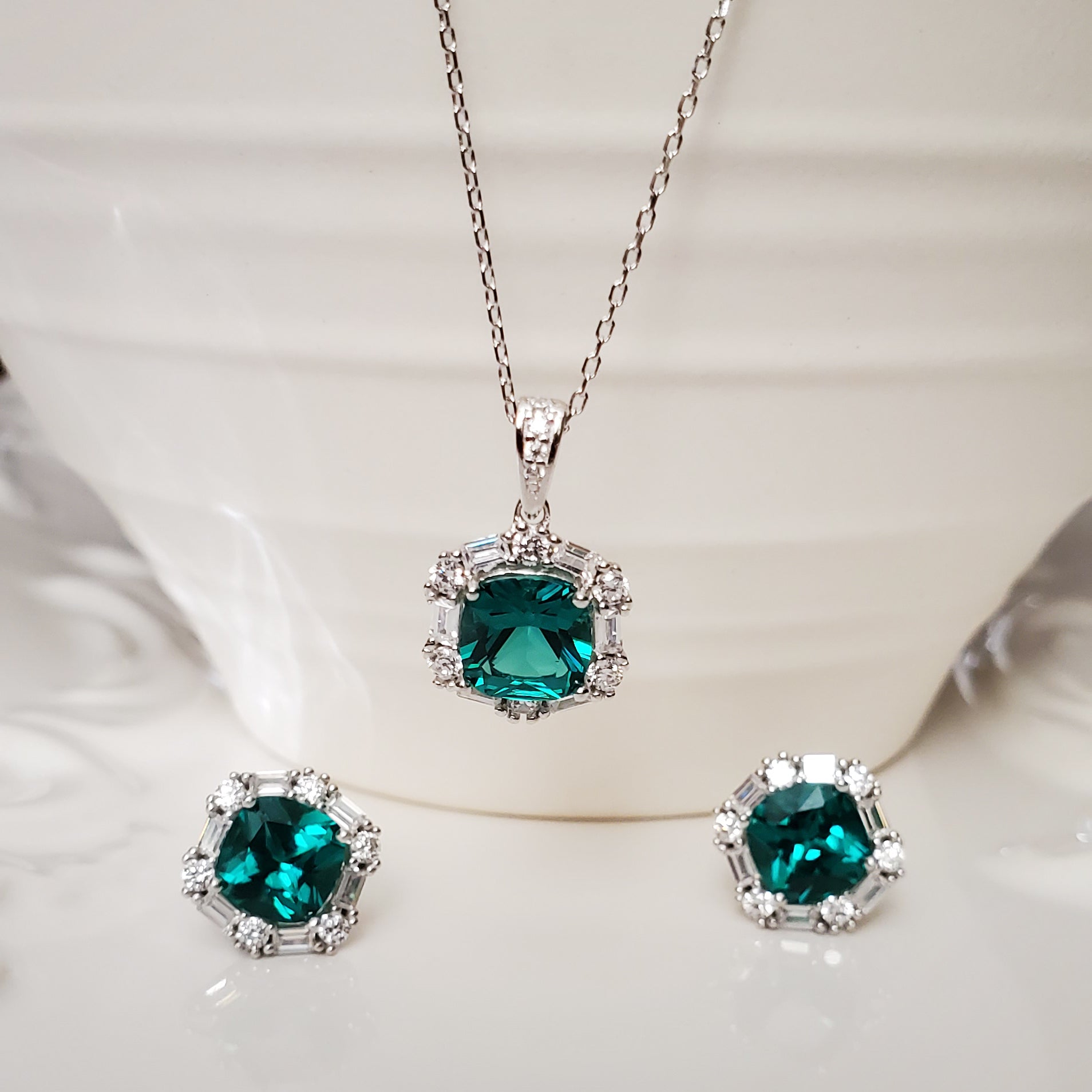 Emerald Gemstone With Diamond Accents Pendant Necklace for Women's