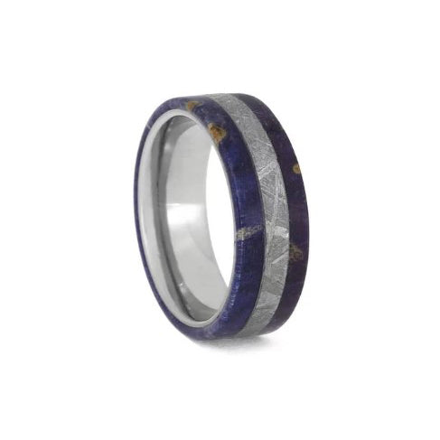 Gibeon Meteorite With Blue and Purple Elder Burl Wood Titanium Ring