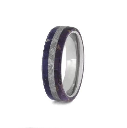 Gibeon Meteorite With Blue and Purple Elder Burl Wood Titanium Ring