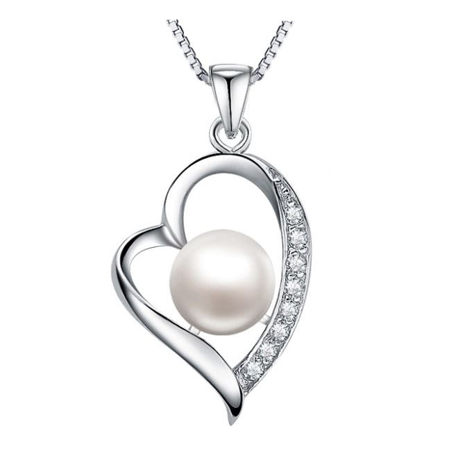 Women Classic Silver Sterling Fresh Water Unique Pearl Heart Pendant