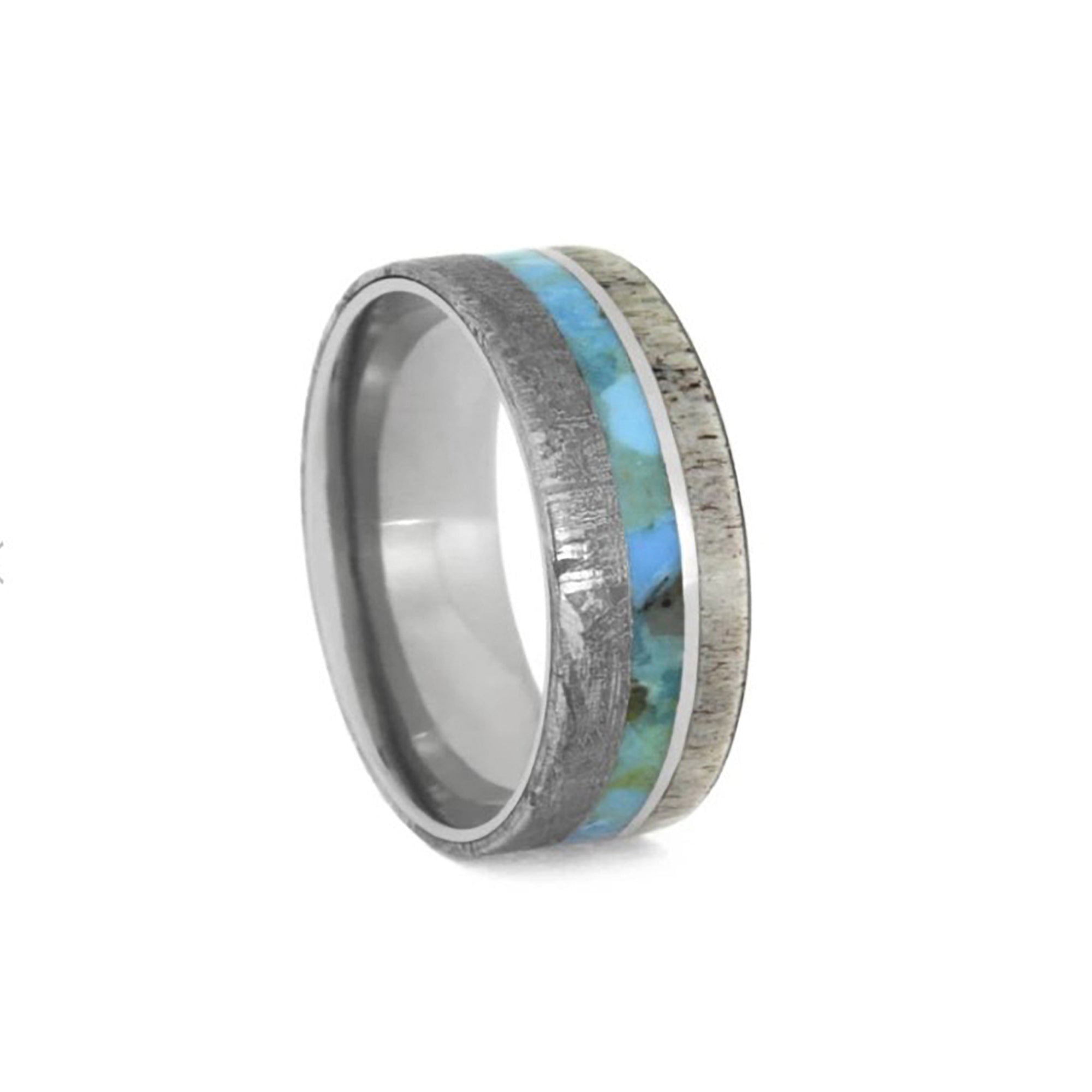 Men's Gibeon Meteorite With Blue Box Elder Burl Wood Titanium Rings