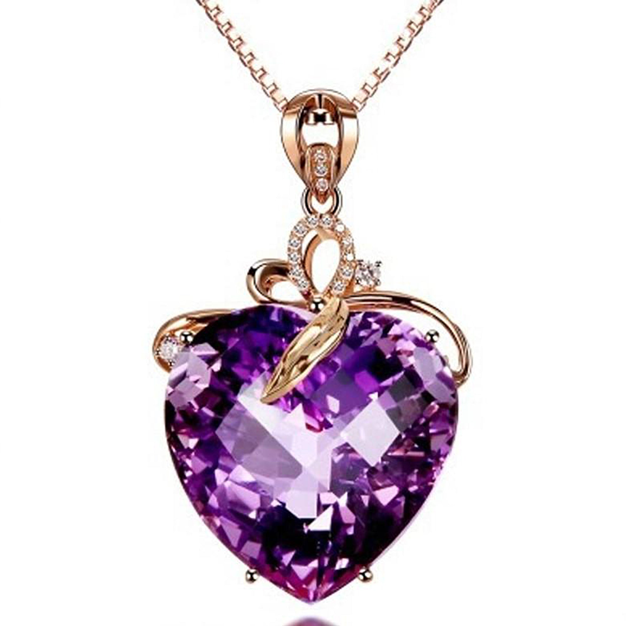 Elegant 18k Rose Gold Plated Amethyst Crystal Heart Pendant Necklace